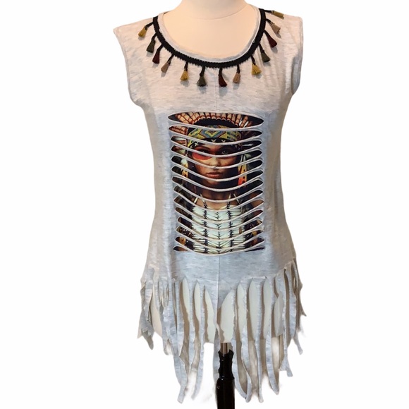 Tops - Native American Indian Gray Fringe Tank Top